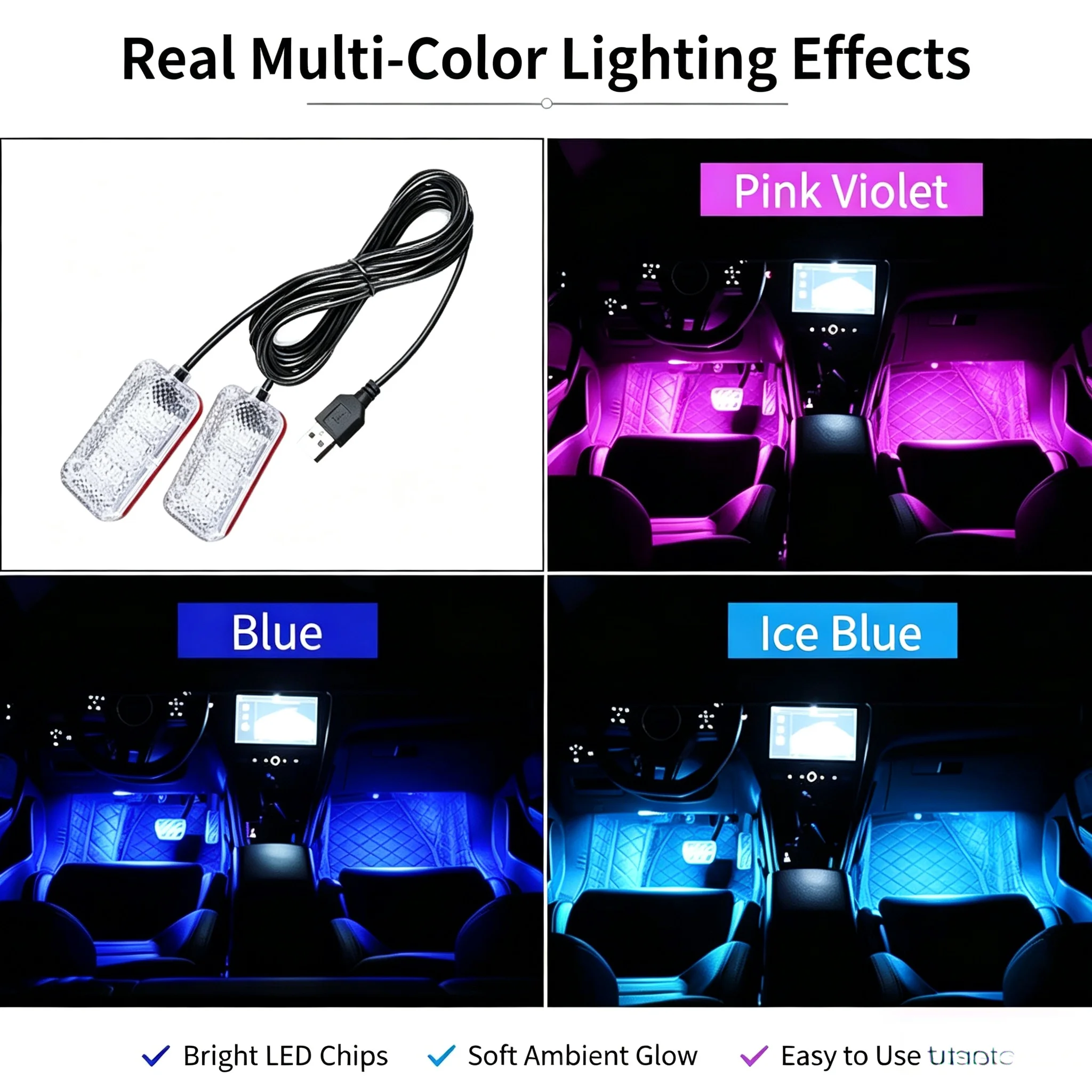 USB Cigarette Lighter Ice Blue Foot LED Ambient Light, Car Interior Atmosphere Lamp Decoration Accessories Kit