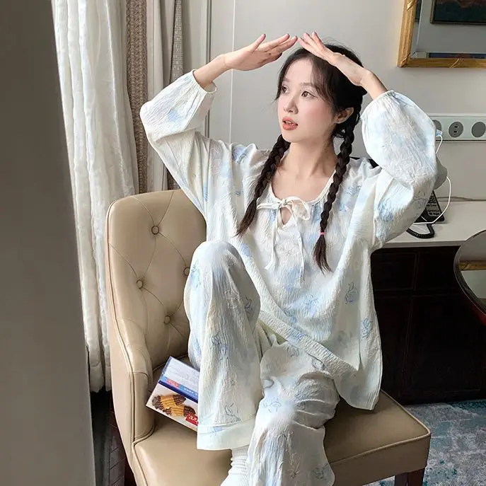 

Женский пижамный комплект: осенне-зимний пижамный комплект для женщин, милый комплект с цветочным принтом, рубашка с длинными рукавами на шнуровке, модная домашняя одежда