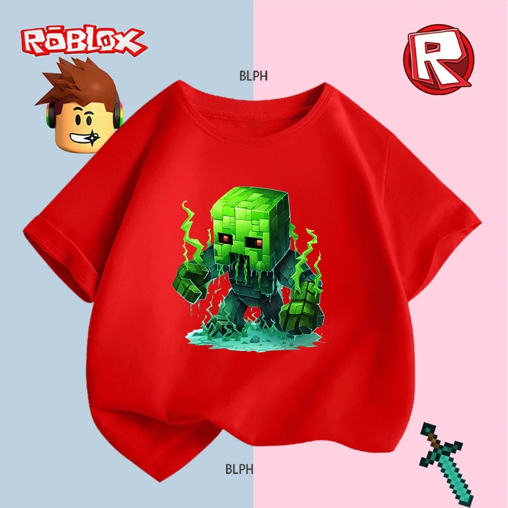 

Симпатичная детская футболка с рисунком зеленого блочного монстра в стиле Роблокса, крутая детская футболка в игровом стиле для мальчиков и девочек