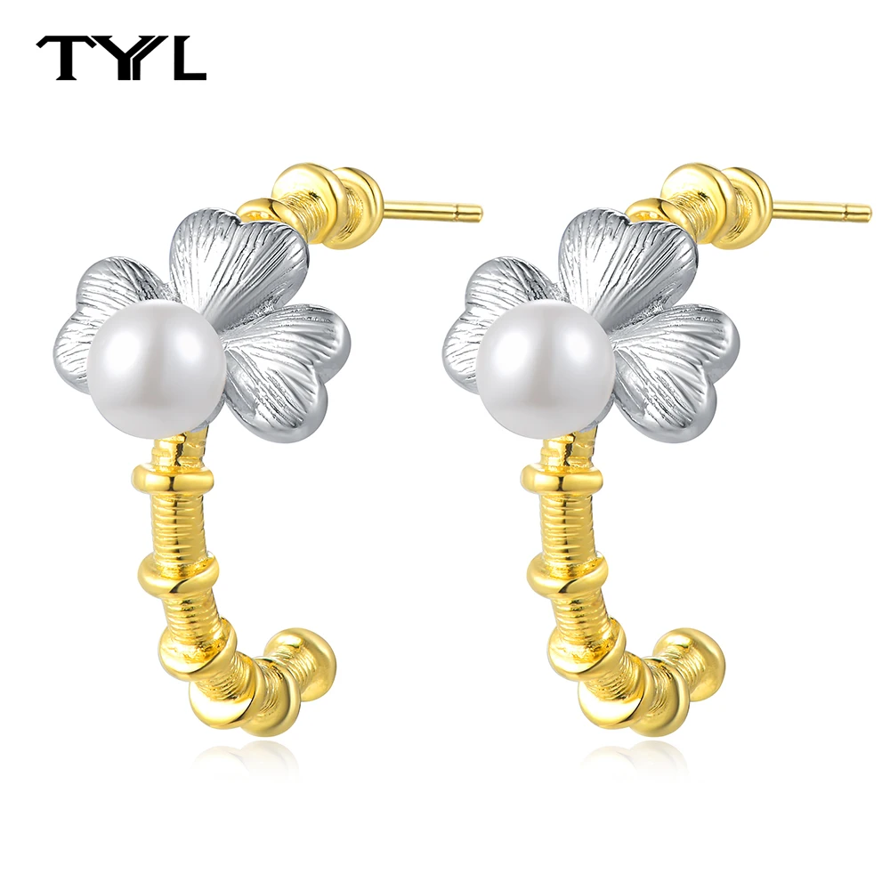 

TYYL Retro Pearl Half Hoop Earrings for Women Ear Jewelry 925 Sterling Silver Needle Heart Petal Flower Temperament Earring Gift