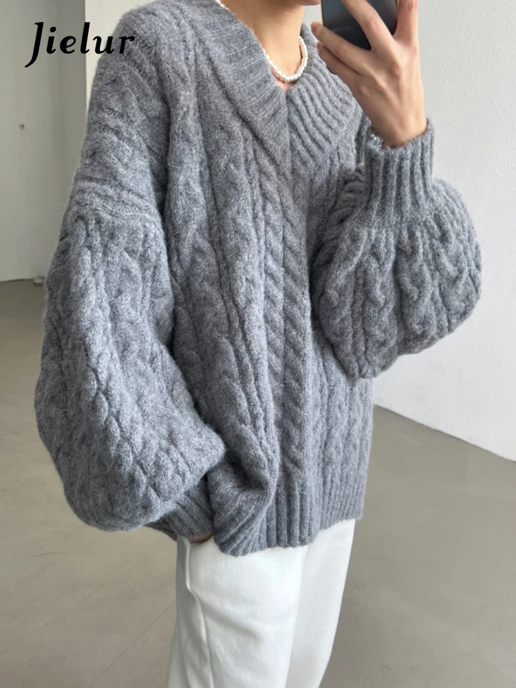 Jielur Autumn Winter New Chic Knitted Pullovers Woman Loose Retro Fashion Pullovers Casual Grey Pink Apricot Light Green Sweater