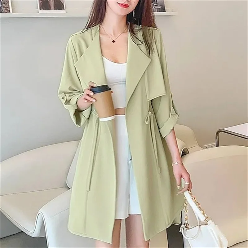 Autumn Windbreaker New Women's Thin Coat Korean Version 2023 Single-Layer Fashion Drawstring Slim Trench Coat Top with 3/4 Sleev