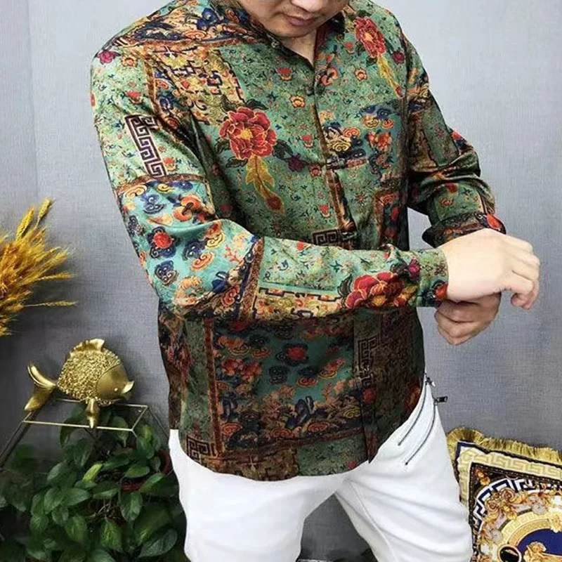 Spring Autumn New Floral Printing Jacket Man Fashion Round Neck Long Sleeve Button Cardigan Chinese Style All-match Y2K Outwear