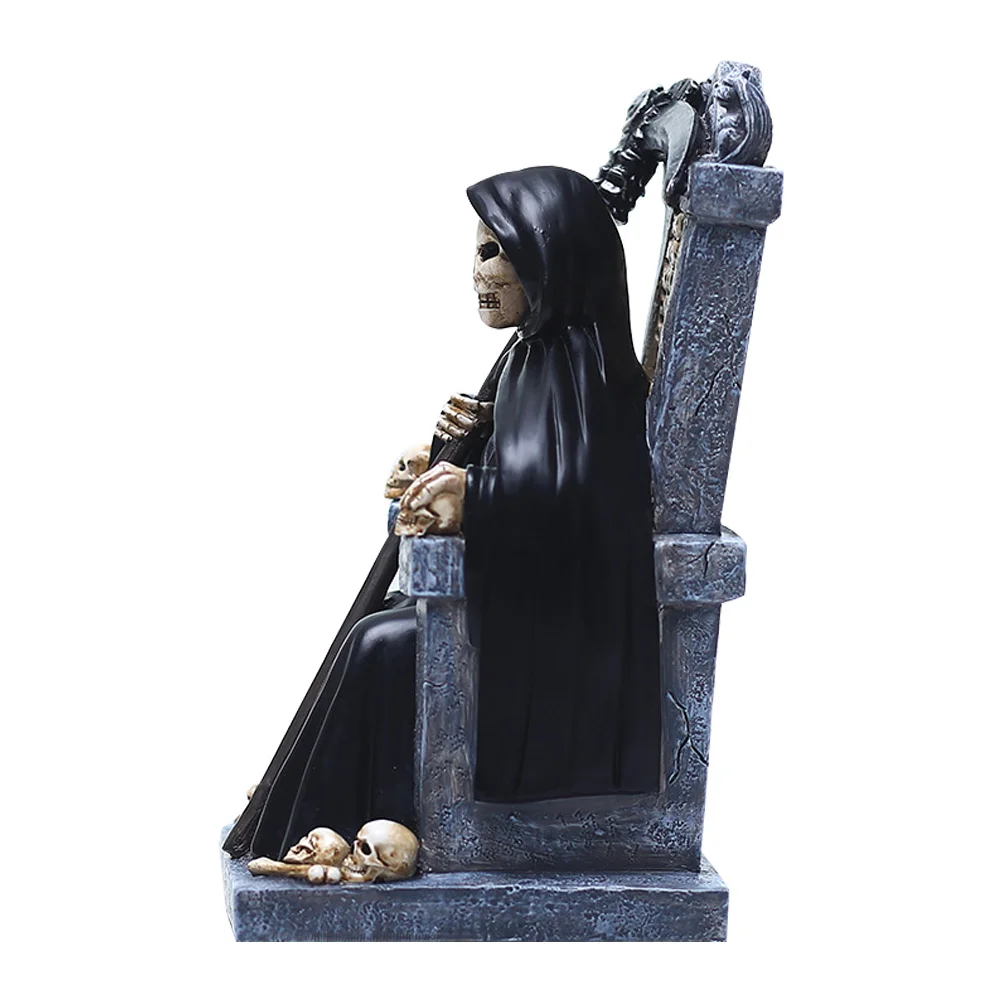 1Pcs Skull Head Throne Resin Decor Halloween Decoration Grim Reaper Sculpture Party Tabletop Ornament Gift Skull Throne Decor