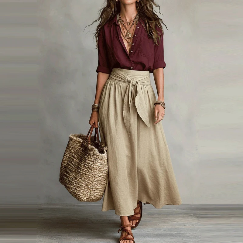 

Causal Long Sleeve Shirt & Long Skirt Women Outfits Elegant Lapel Button 2Pc Party Set Fashion Commute Pleat Lace-Up Skirt Suit