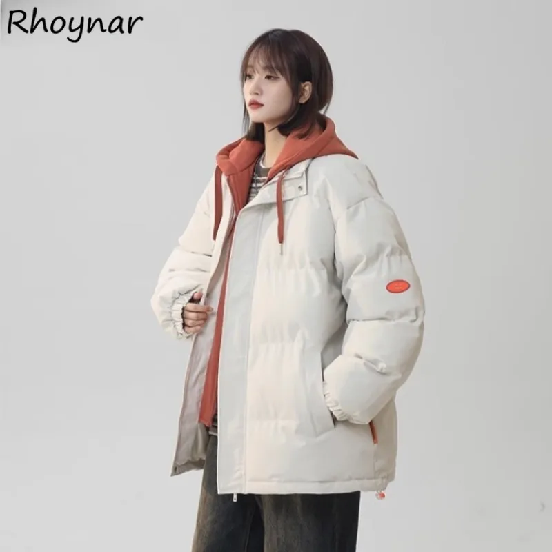 Parkas Women Plus Velvet Hooded Warm Pockets Loose Daily Casual Students Winter Cotton Korean Version Fake Two Pieces Coats Tops