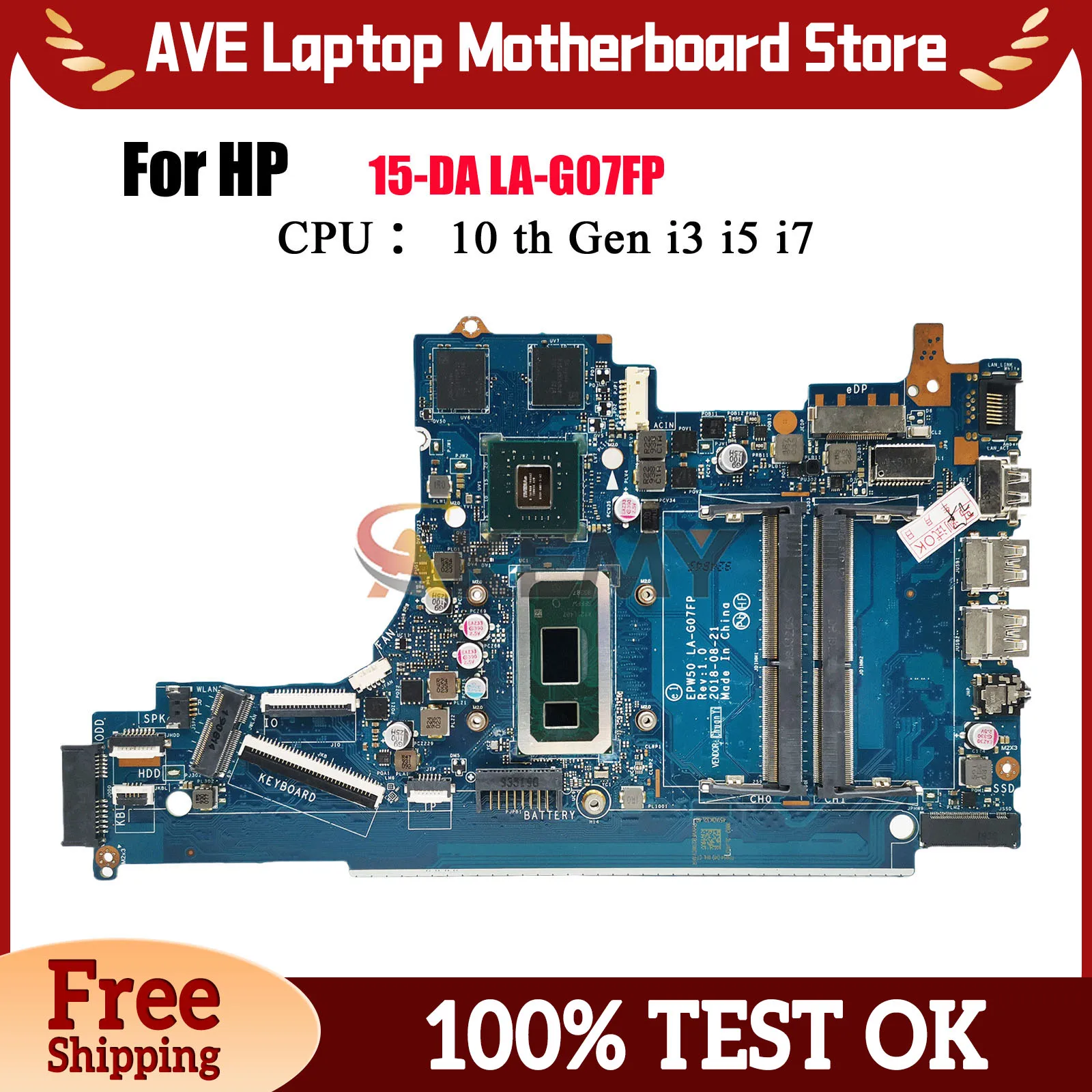 Motherboard Laptop LA-G07FP Untuk HP Pavilion 250 G7 15-DA Dengan CPU i3 i5 i7 Generasi ke-8 dan ke-10 GPU V2G L35245-001 L52746-601
