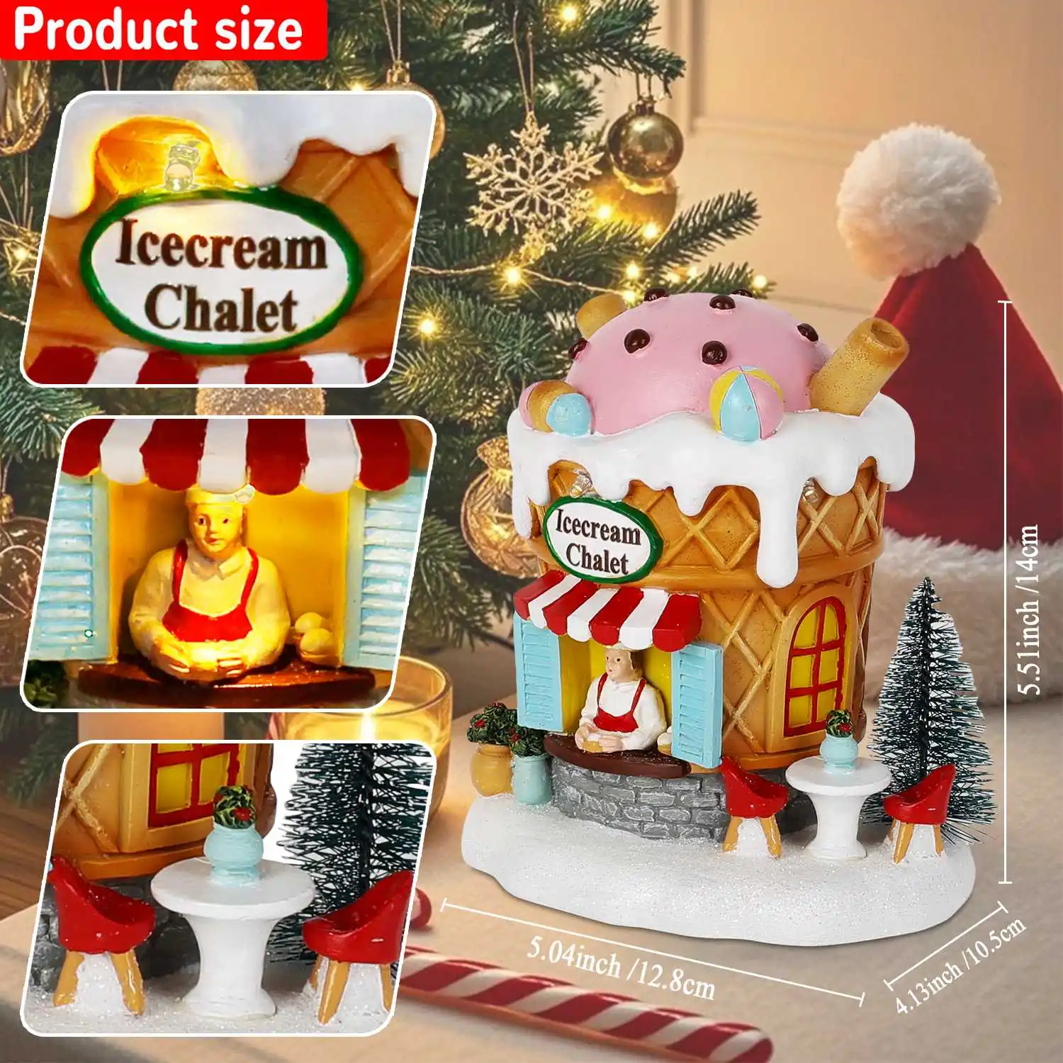 Light up Gingerbread Village House Christmas Decor Ice Cream Chalet Collectible Building Shop Figurines for Holiday Indoor Home