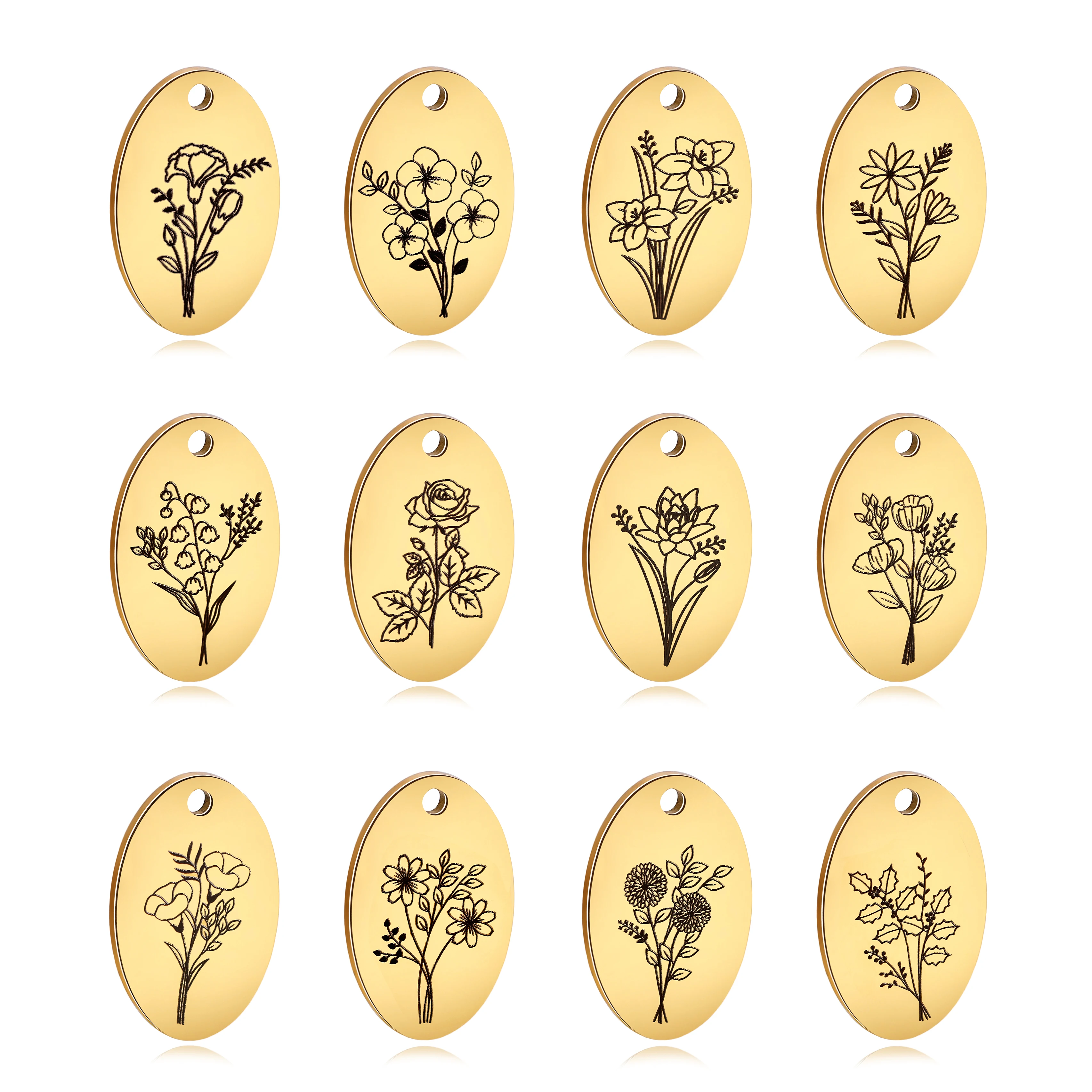 5Pcs Oval Birth Month Flower Pendants Stainless Steel Dainty Floral Disc Charms Lotus/Marigold/Rose Diy Necklace Jewelry Making