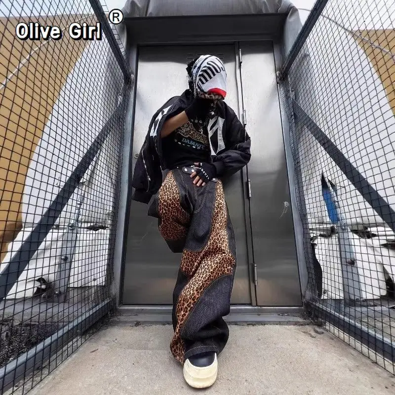 Olive Girl Baggy Jeans Trousers American Casual Retro Splicing Loose Leopard Print Denim Harajuku Streetwear Men Women Pants