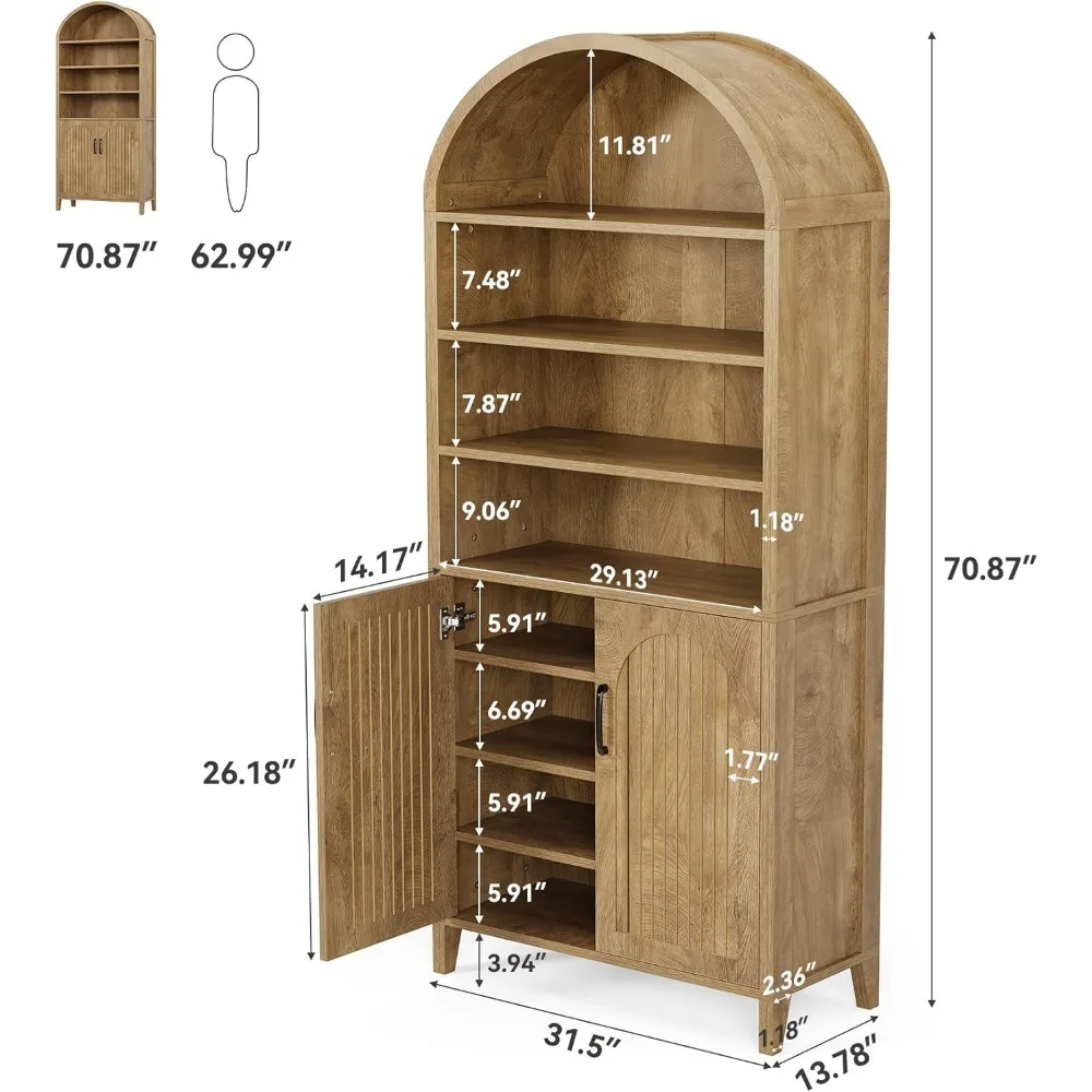 خزانة كتب مقوسة بطول 70.9 بوصة، رف كتب من 8 طبقات مع أبواب وأرفف قابلة للتعديل، خزانة كتب كبيرة للمزرعة للعيش
