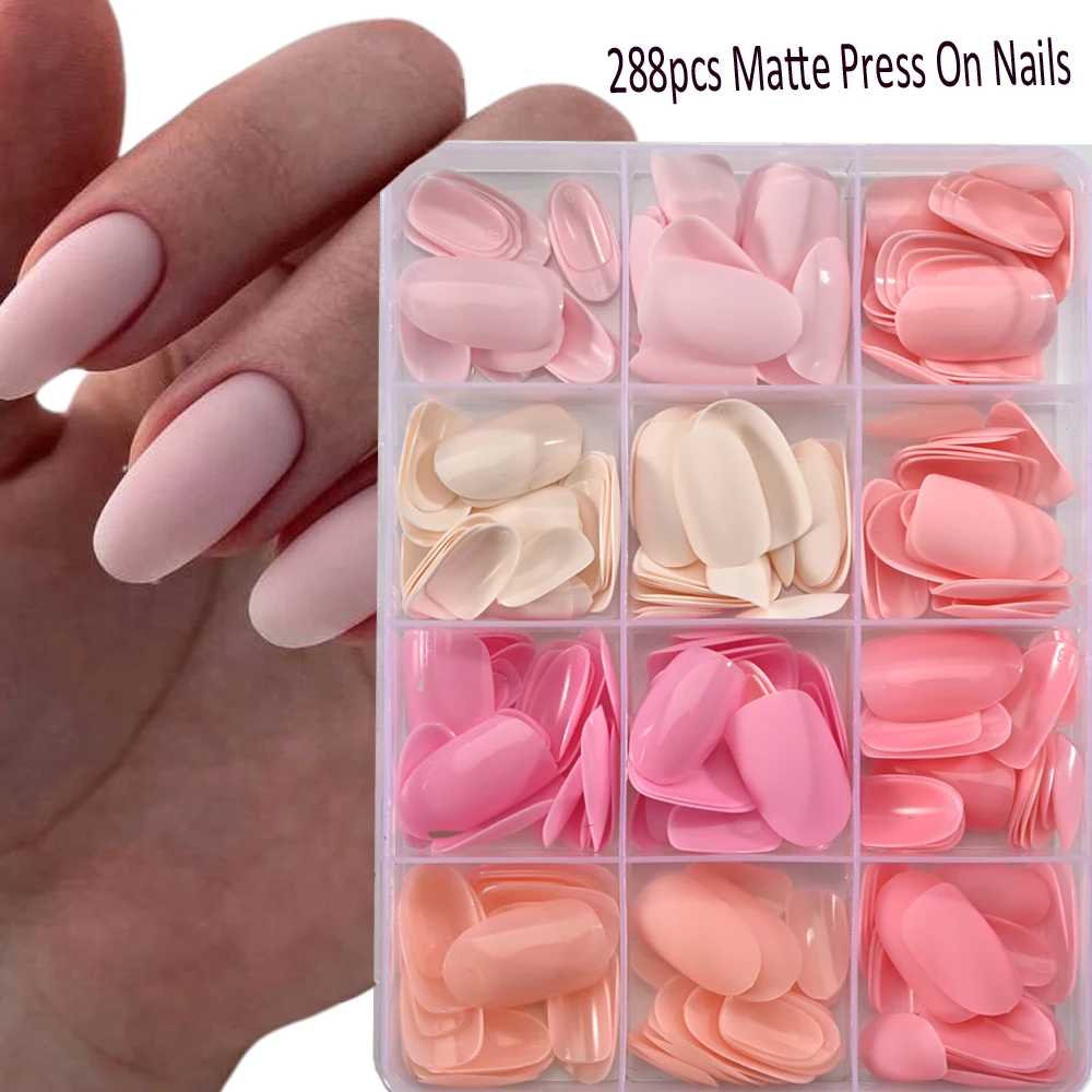 

288pcs Glossy/Matte Medium Almond Light Pink Press On Nails Oval Nude Pink Fake Nails 12 Colors Full Cover Pure Color Manicure