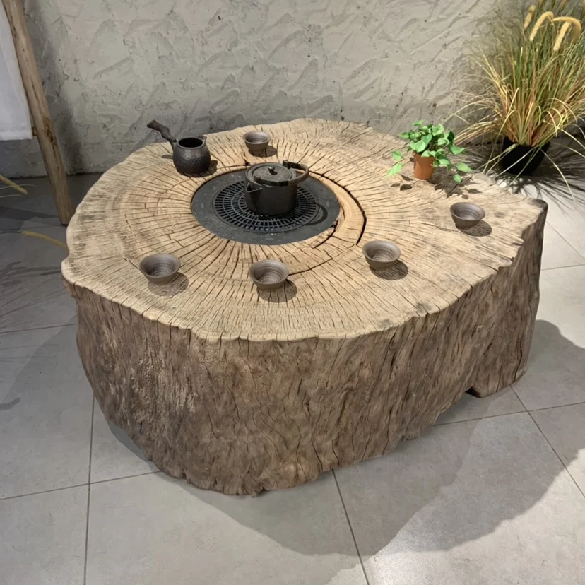 Creative tea table, solid wood stump around the stove to boil tea table, barbecue heating table