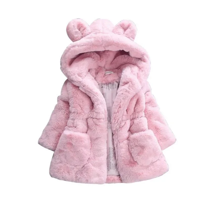 Autumn Winter Children\'s Coat Faux Fur Girls Clothes Fleece Jacket Warm Snowsuit Hooded Parka Solid Kids Outerwear ملابس خارجية