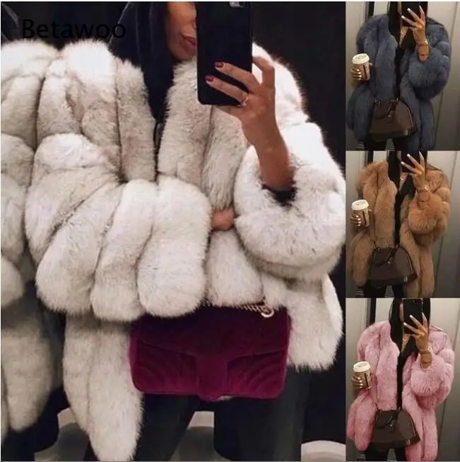 Women Open Front Faux Fox Fur Mid Length Coat Long Sleeve Plush Warm Outerwear for Party Daily Winter Wear