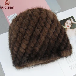 New Style Brand Fashion Genuine real natural women's knitted Mink Fur Hat Hand Made Knit Fashion Winter Headgear Berets cap