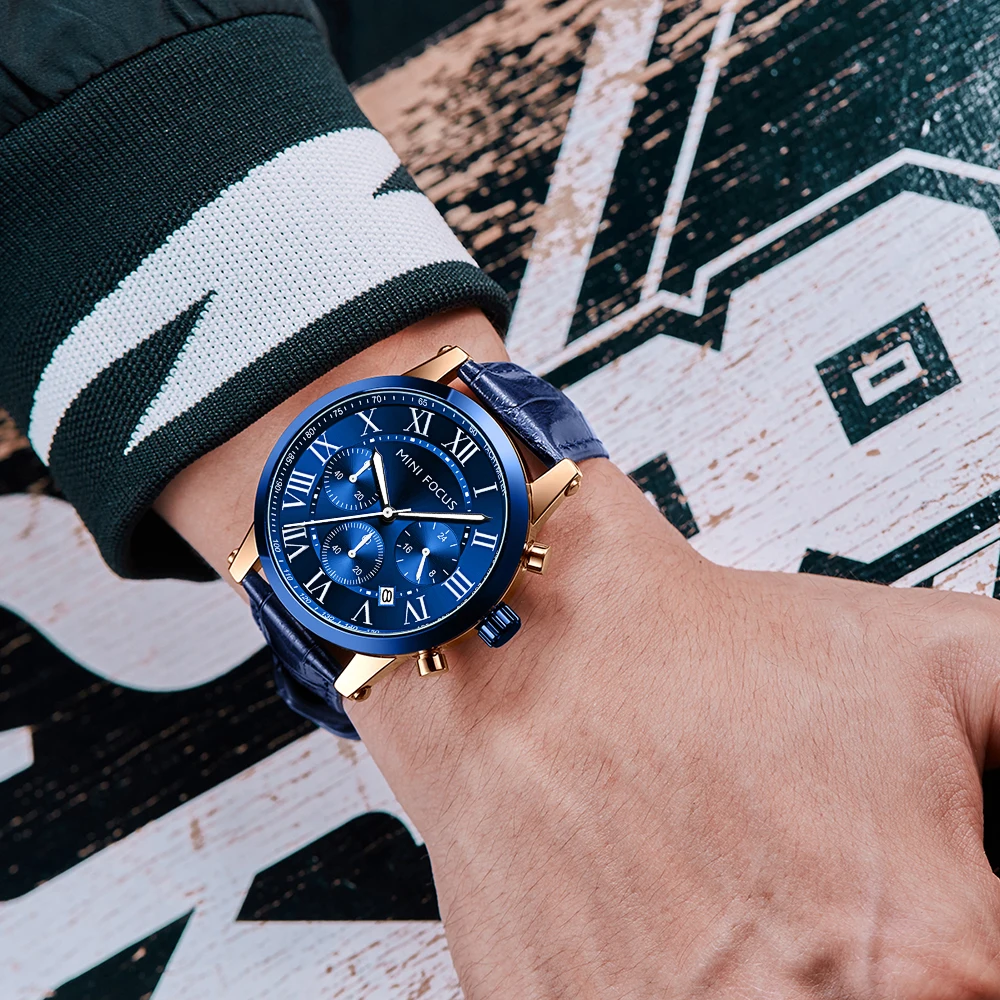 Mini foco 0415 marca moda relógios de quartzo para o homem luminoso à prova dwaterproof água calendário pulseira couro casual esportes masculino relógio pulso