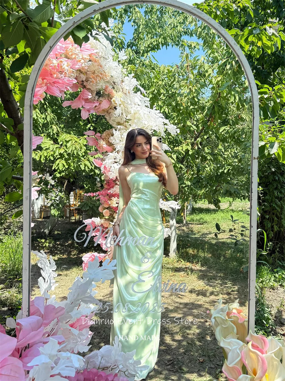 Dianruo cintas de espaguete verde vestidos de noite em linha reta ruched fitas sereia vestidos de baile maxi comprimento vestidos de festa personalizados