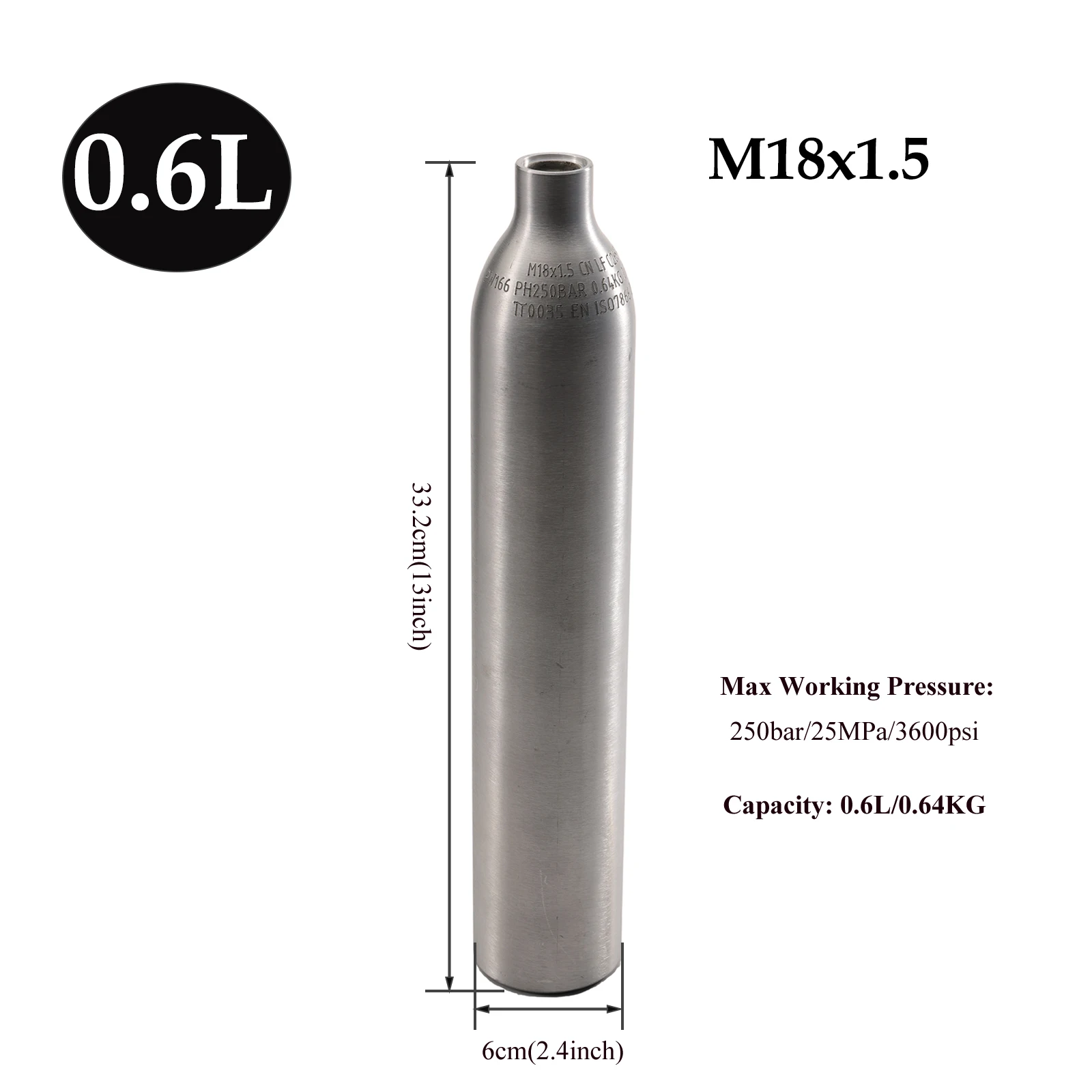

Empty 0.6L 0.64KG Aluminum CO2 Air Tank Safety explosion-proof High Pressure Soda Bottle Filling Tank Cylinder M18x1.5 250bar