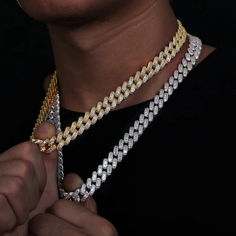 Sale Hot Rapper's Hip Hop Jewelry 12mm 925 Sterling Silver VVS Baguette Moissanite Diamond Iced Out Cuban Link Chain Necklace.