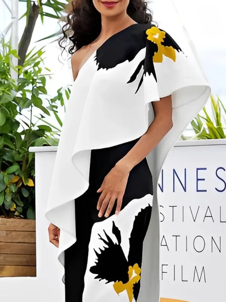 Bonboho Women's Printed Asymmetric Hem Single Shoulder Top with Ruffle Trim 2026 Summer Female Elegant Extra-long T-shirt