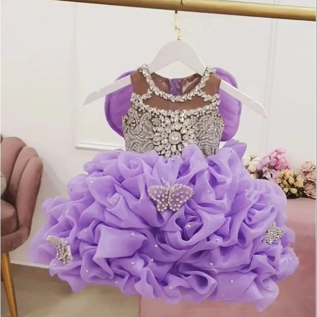

Customized Purple Flower Girls Dresses Ball Gown Ruffles Crystal Baby Kids First Communion Dress Princess for Wedding Party