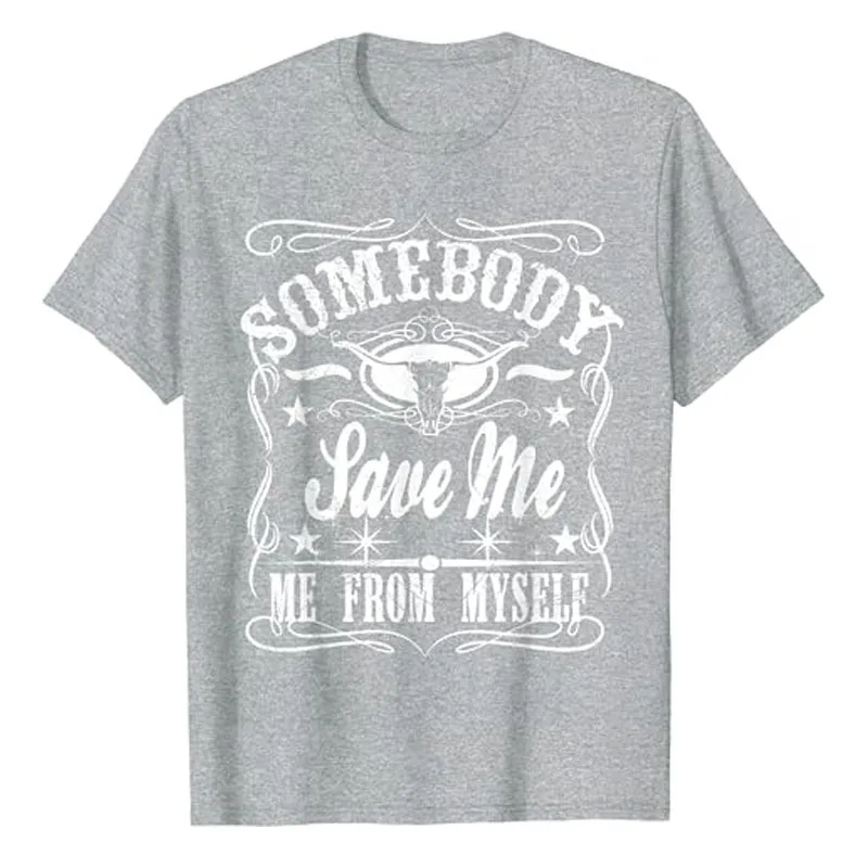 Vintage Somebody Save Me From Myself Floral Skull Retro T-Shirt Humor Funny Country Music Cowboy Cowgirl Graphic Tee Tops Gifts
