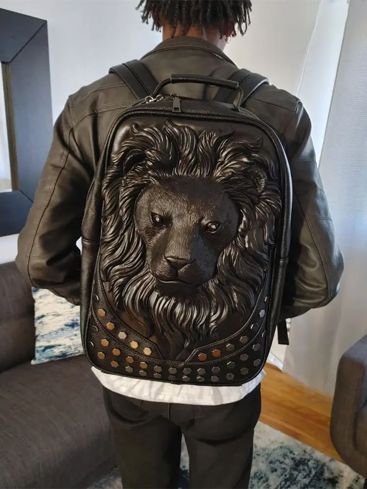 Mochila Gótica 3D Embossed Lion Head para Homens e Mulheres, Studded Rivet Bag, Couro Macio, Mochila Punk Rock, Laptop, Escola, MotoBike Gift