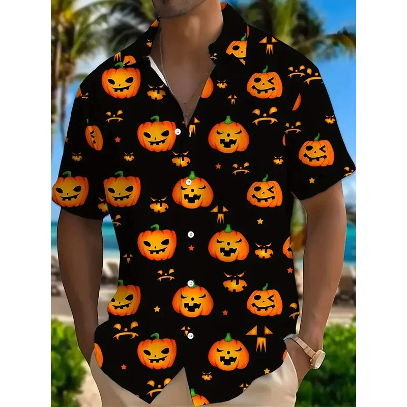 Nieuws 2025: Hawaii Horror Skull Ice Cream herenshirt bedrukt 3D-geprint revers Halloween-strandtop met één knop, unisex cadeau