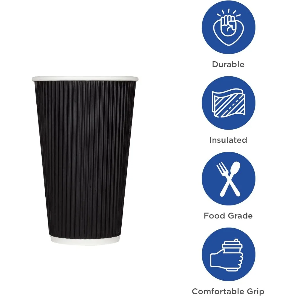 Tazas de café de papel ondulado aisladas de 12 oz, desechables, resistentes, a prueba de fugas, 90 mm, sin tapas, paquete a granel de 500, negro, ideales para caliente