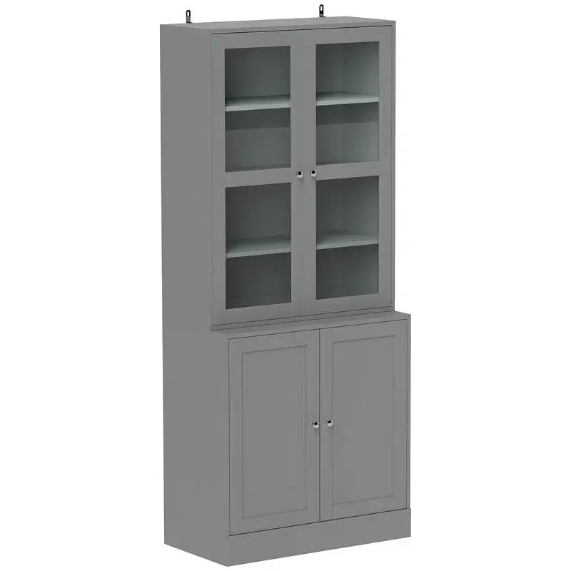 Bibliothèque vitrine, meuble de rangement à 6 niveaux avec 4 portes dont 2 en verre trempé, étagères réglables, gris