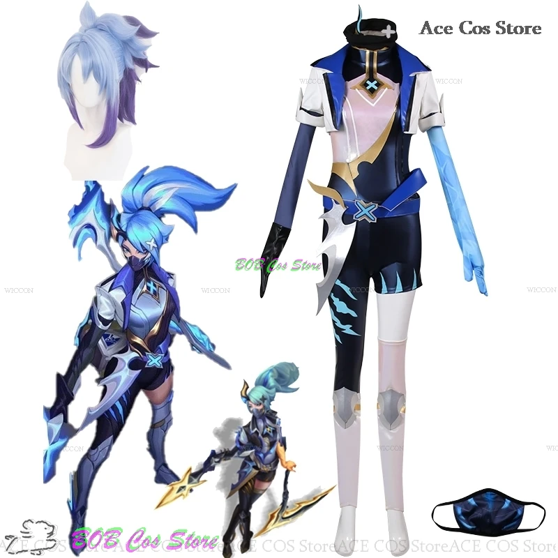 LOL Akali Cosplay Costume Wig Skin Blue Dress Game The Rogue Assassin Legends Cosplay Clothes Uniform Halloween Party Role play