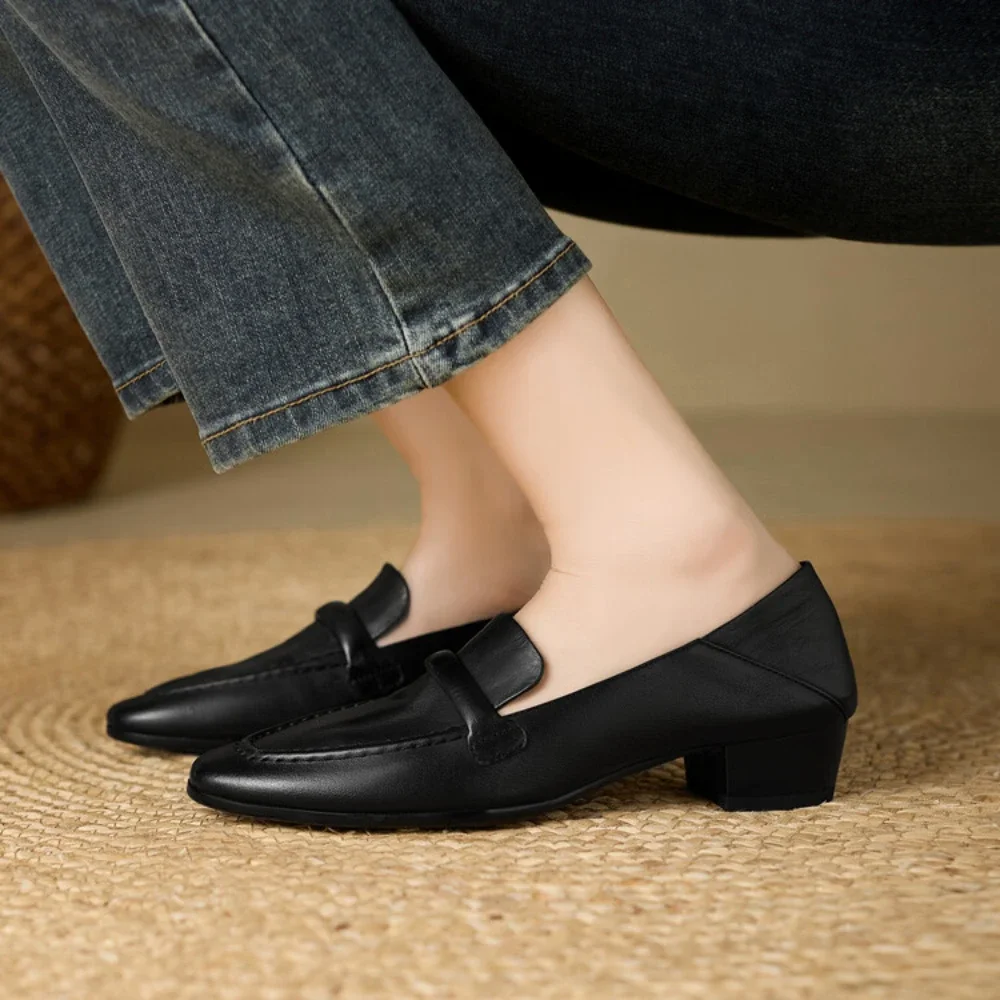 Spring and summer genuine leather custom-made shoes for women black work professional and happy shoes ladies heels women shoes