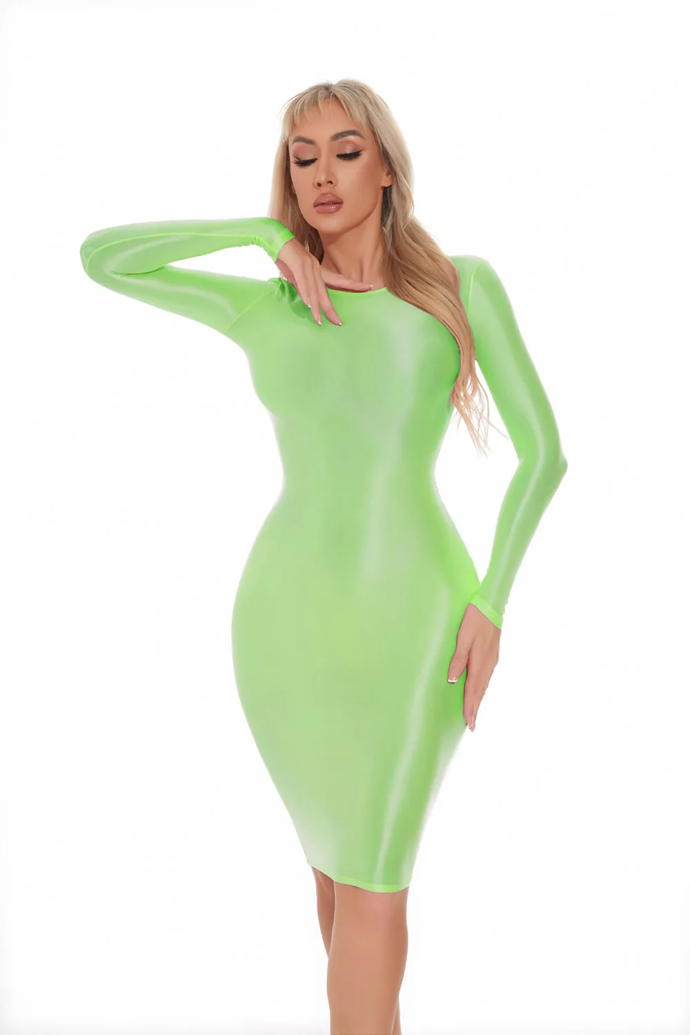 M XL Langarm Glänzendes Midi-Kleid Strumpfhosen-Paket Hüftminirock Sexy Clubwear Vestido Bodycon-Kleider Bodystocking Robe – Detail 12