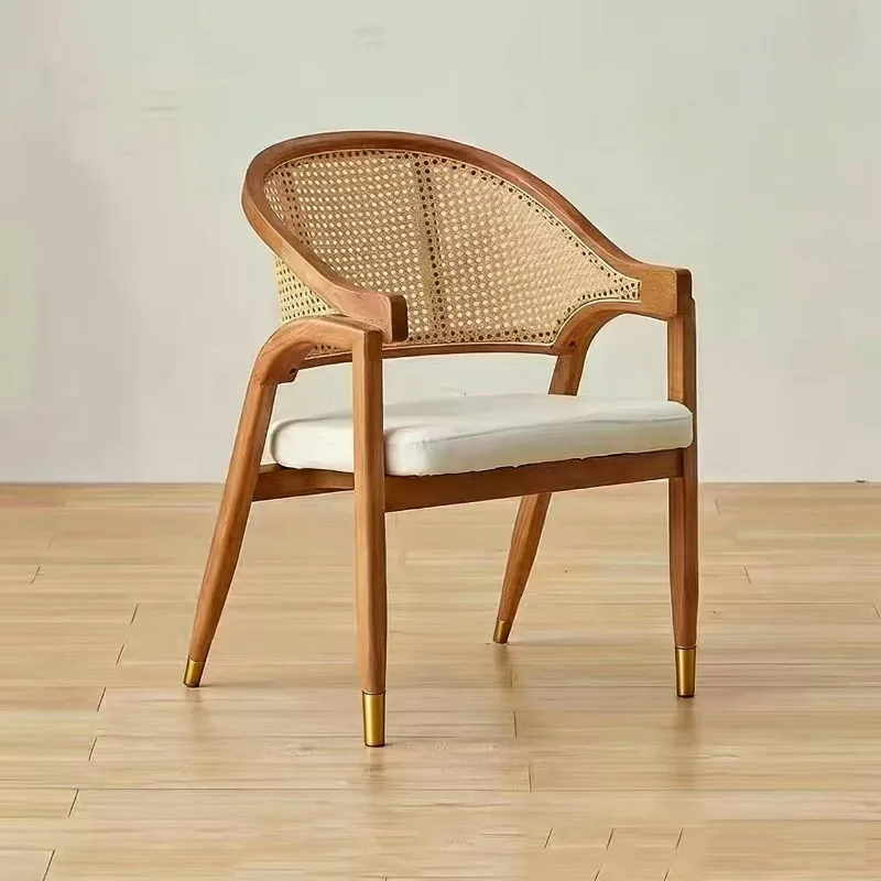 for Solid Wood Dining Chair Rattan Leisure Chair Retro Home Single Seat Restaurant Chair