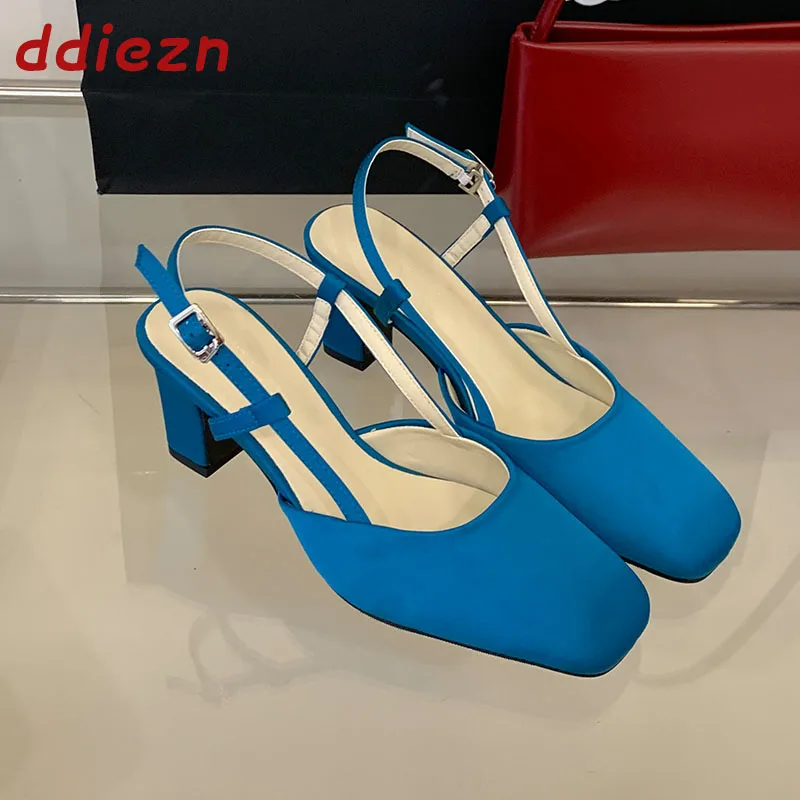 

New Spring Fashion Silk Women Sandals Slip On Shoes Mules Female Pumps Slingbacks Square Toe Elegant Ladies Heels Sandals Shoes
