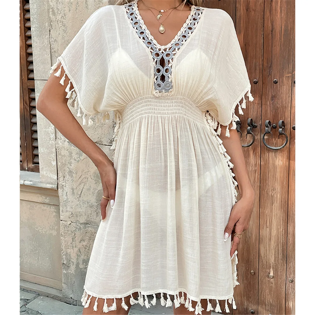 V-Ausschnitt, mit Fransen versehen, kurzärmelig, gehäkelt, gestrickt, Strandkleid, Tunika, Strandmode, Damen-Strandkleid, Strandüberwurf, Damen V6603 – Detail 6