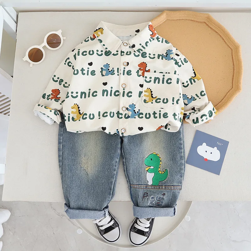 Spring Autumn Toddler Boys 2PCS Clothes Set Letter Printed Polo Sjirts Denim Dinosaurs Pants Suit Children Baby Boys Outfits