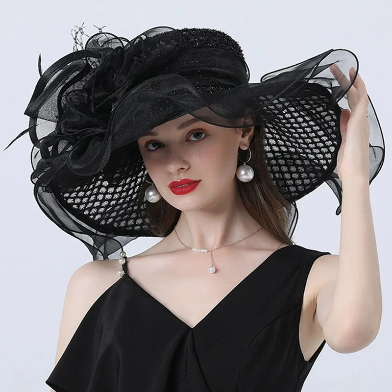 Women's Summer Sun Hat: Organza Mesh with Shiny Floral Design, Sun Protection, Lightweight Beach Hat