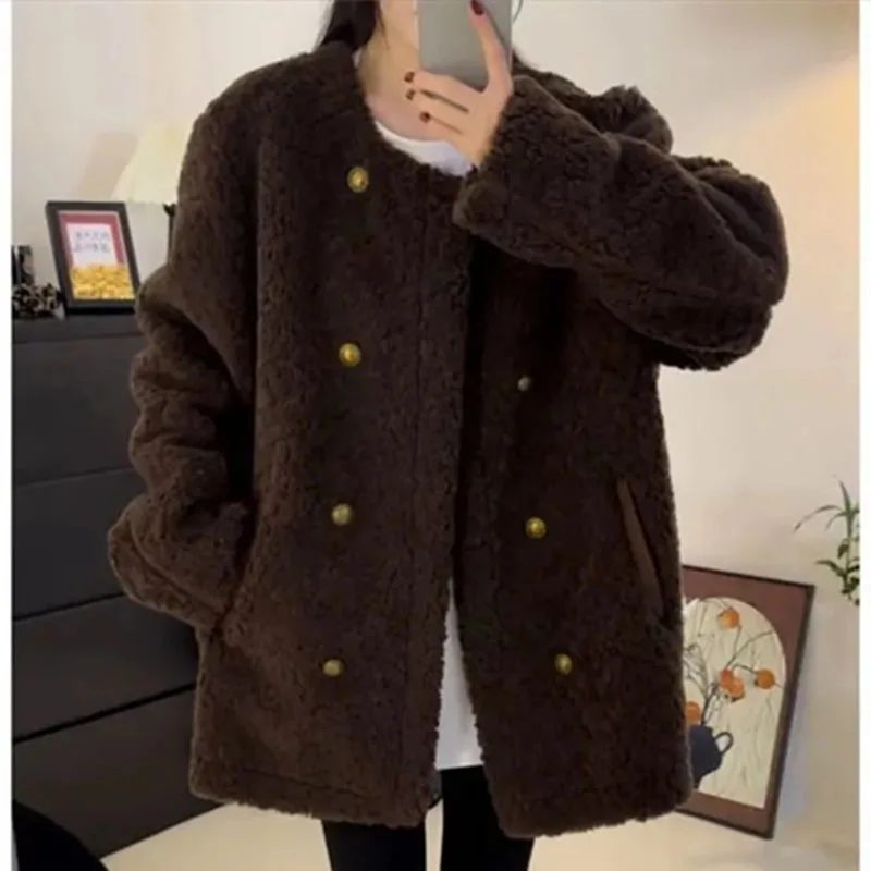 Lady Fashion Ronde Hals Lamswollen Jas Franse Vrouwelijke Double-breasted Losse Top Lente Herfst Vrouwen Vrije tijd Grote Maat 4XL Jas