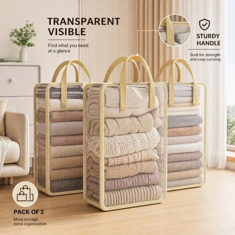 Clear Storage Bins 3 Pack with Handles, Foldable Mesh Clothes Organizer for Closet, Breathable Visible Box for Towels Bedding