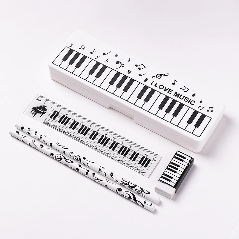 Musiknoten Feder mäppchen Set Klavier tastatur Ich liebe Musik note Bleistift Radiergummi Lineal Klavier Geschenkset Briefpapier Set