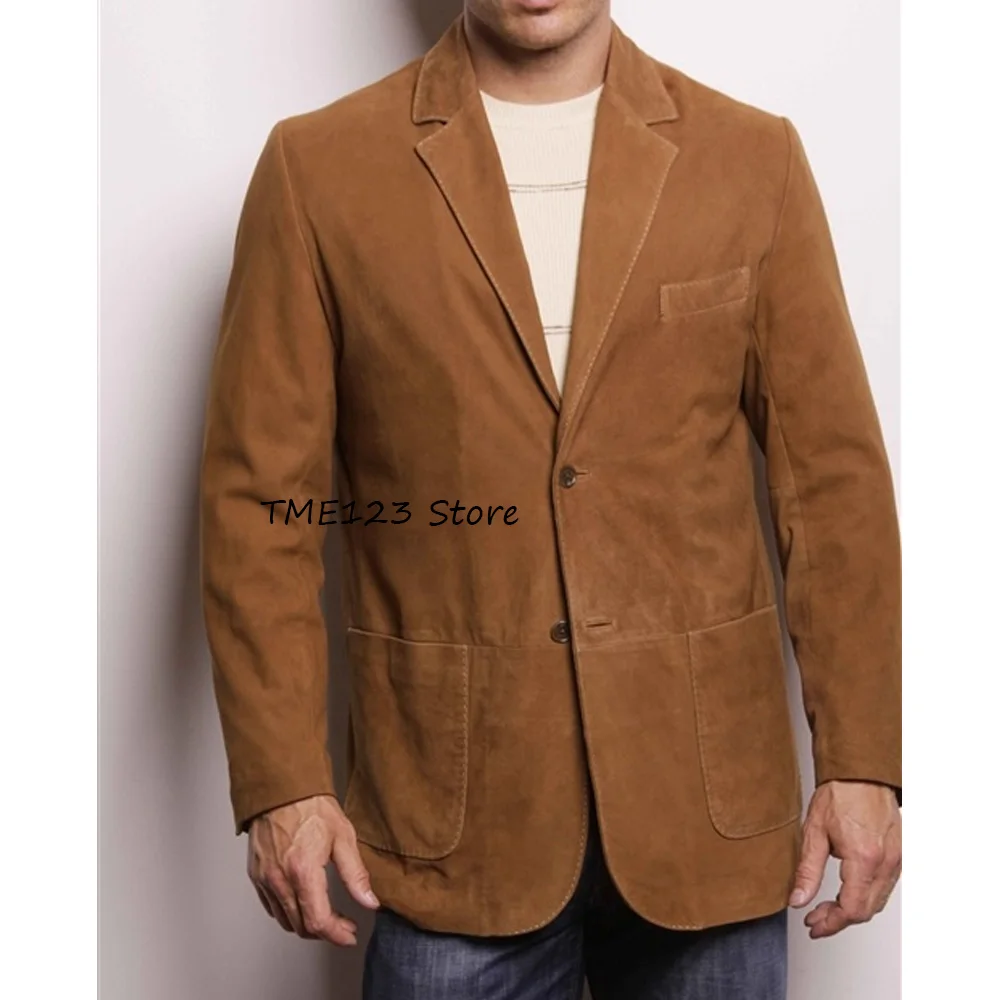 جلد الغزال النسيج رداء غير رسمية جاكيتات حقق التلبيب الرجال معطف اجتماعي اثنين زر إغلاق سترات رجالي عادية وأنيقة جودة عالية