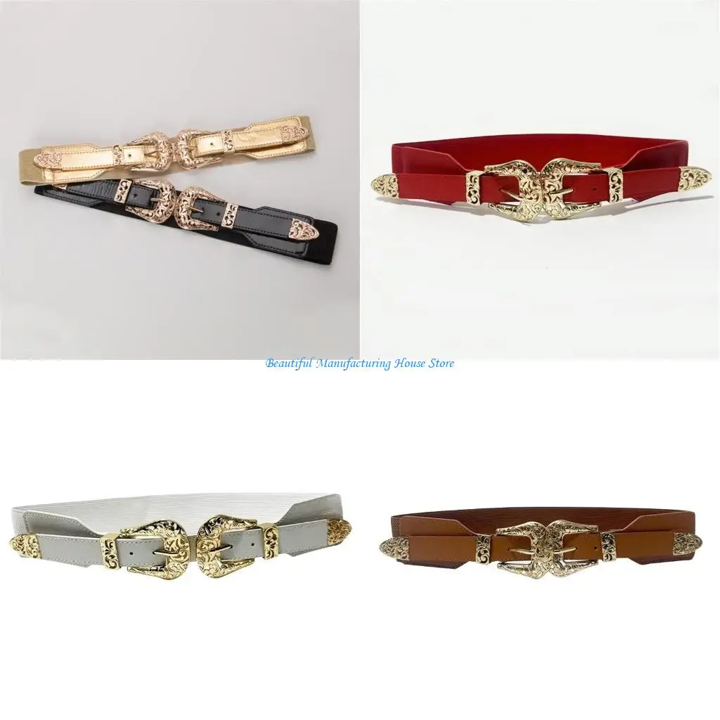 e56a-ダブルバックル女性ベルト弾性コルセットウエストベルト装飾オーバーコートワイドベルト