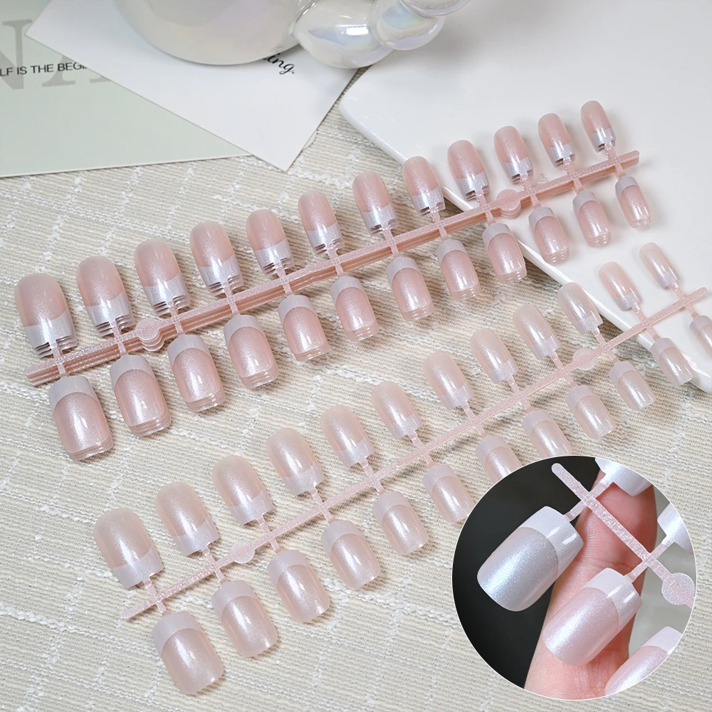 120Pcs French Pearlescent Medium Square False Nails Glossy Acrylic Full Cover Fake Nails Tips Extension Wearable Press On Nails