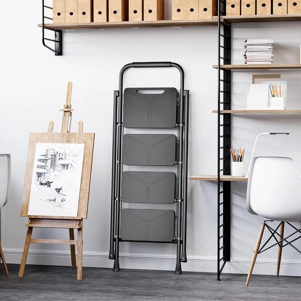 سلم قابل للطي بأربع خطوات، مقعد فولاذي عالي التحمل مع دواسات ودرابزين مضادة للانزلاق، سعة 500 رطل للمطبخ المنزلي #6