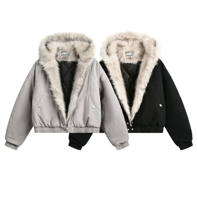 Y2K Aesthetic Carved Fur Collar Hoodie Jacket Women Fashion European American Hooded Short Thick Cotton Jacket Trend Top Men New