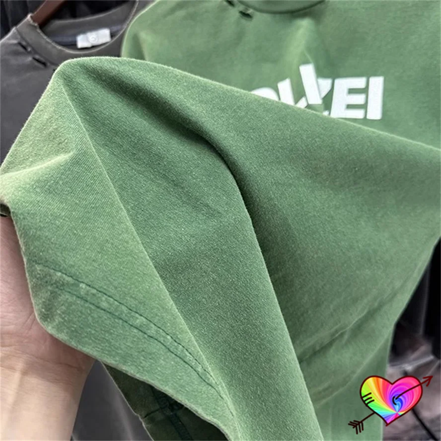 2024 Vintage Green POLIZEI T-shirt Men Women Double POLIZEI Logo Tee Break Details Tops Oversize Wash Short Sleeve