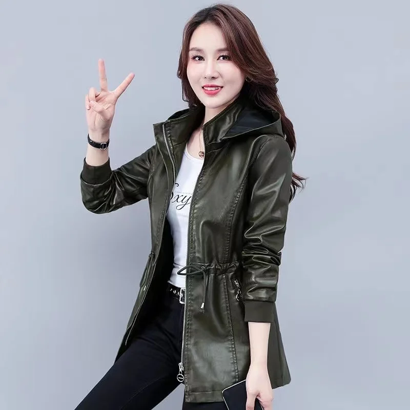 Women Jacket Black PU Faux Leather Jackets 2023 New Zipper Basic Coat Turn-down Collar Hooded Motor Biker Jacket Outerwear