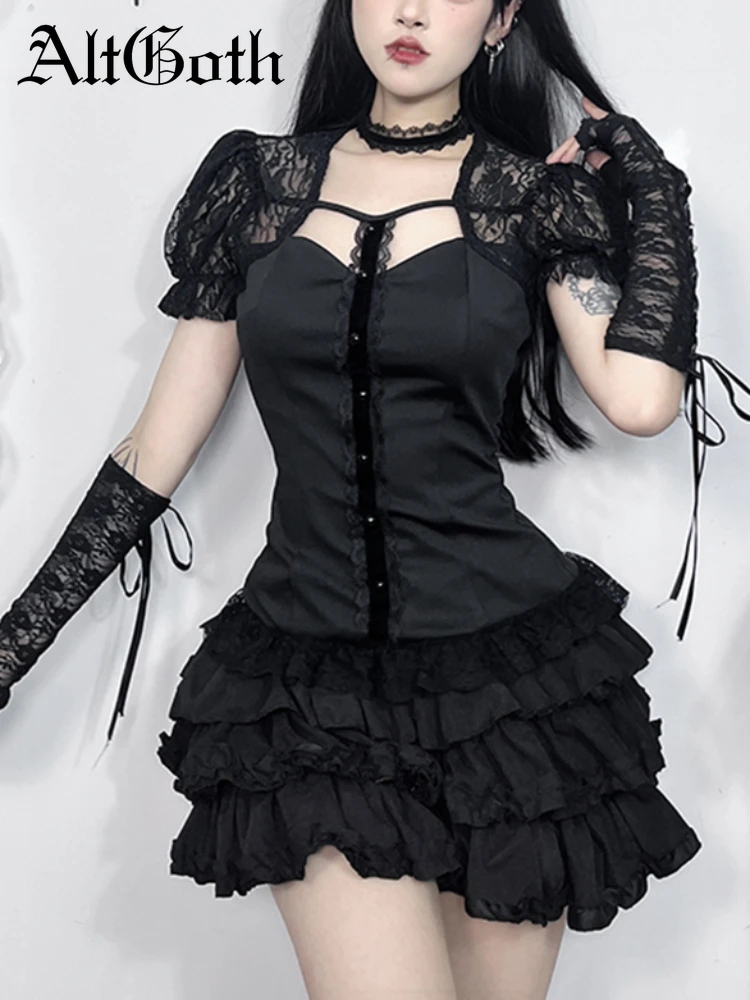 AltGoth Vintage Dark Gothic Lolita T-shirt Women Coquette Elegant Puff Sleeve Square Collar Lace Patchwork Crop Tee Tops Female